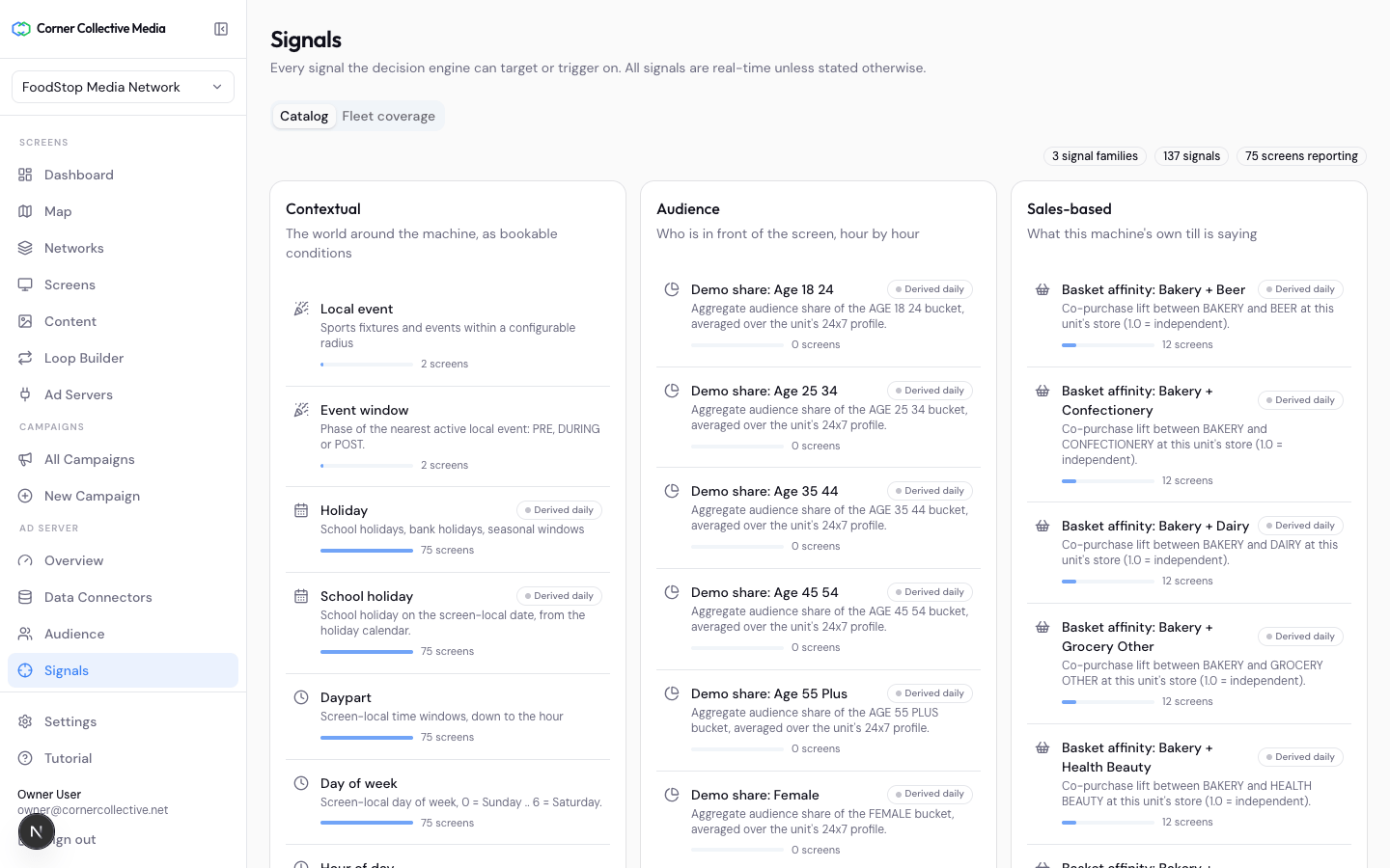 The Signals catalogue in the Corner Collective platform: contextual, audience and sales-based signal families, each listing how many screens report it