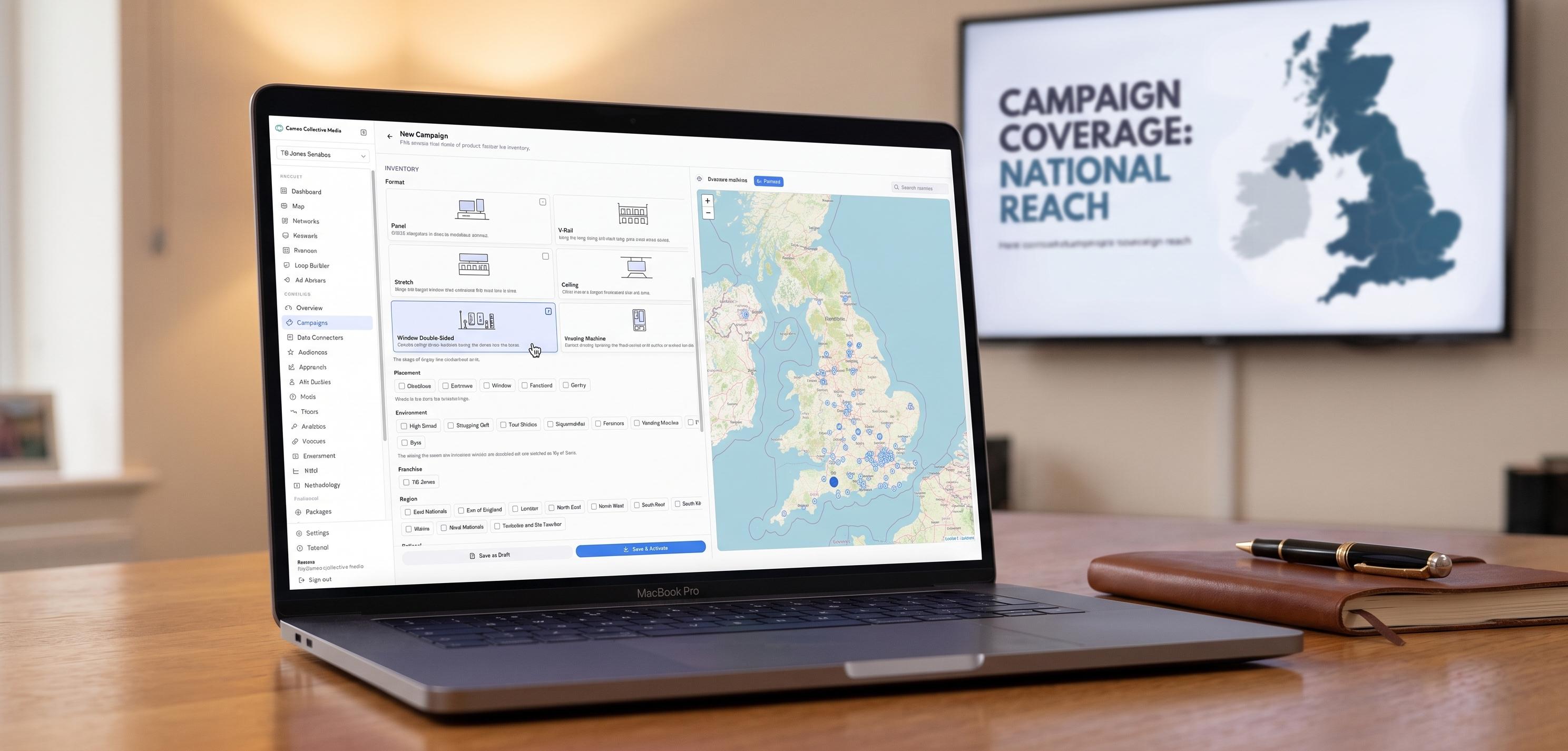 Building a campaign in the platform, picking formats against a map of the estate