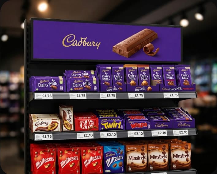 A stretch screen above a confectionery gondola playing Cadbury creative