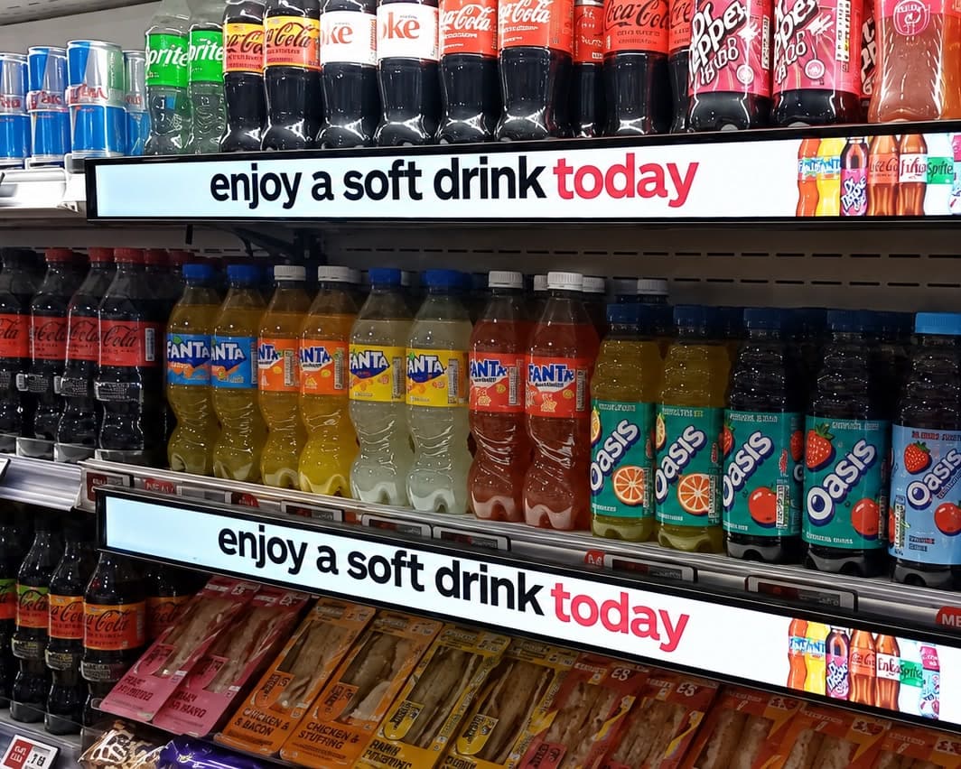 Lit rails along the shelf edges of a soft drinks chiller