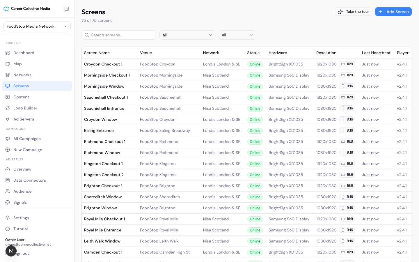 The Corner Collective console listing an estate's screens by venue, each with its live status