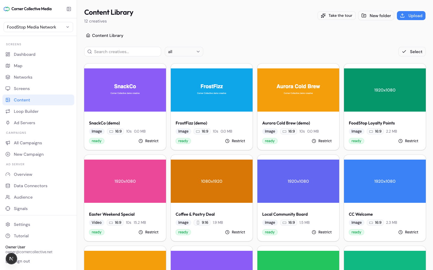 The content library holding an estate's creative assets ready for scheduling